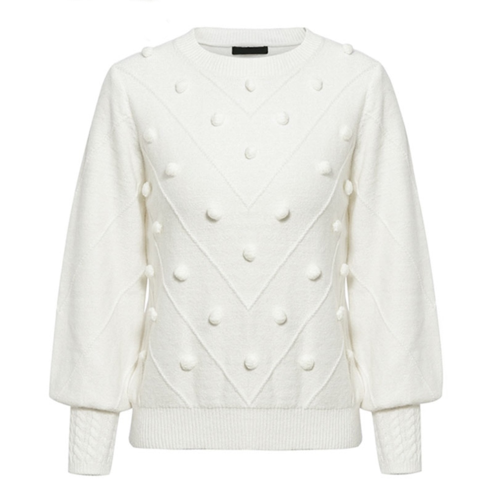 White Pom Pom Bishop Sleeve Pullover Sweater - Picture 5 of 8